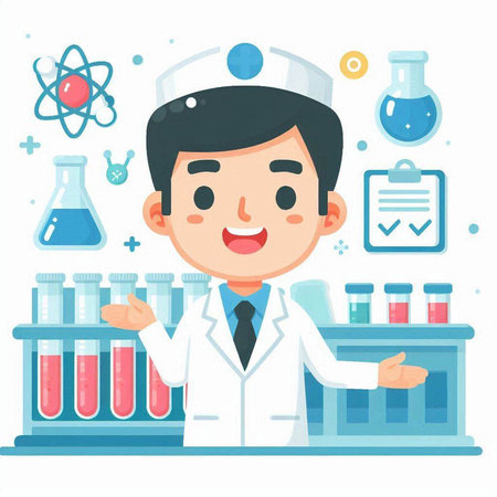 Male scientist working in chemical laboratory. Vector illustration in cartoon style.のイラスト素材