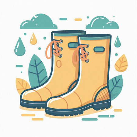 Pair of yellow rubber boots in the rain. Vector illustration.のイラスト素材