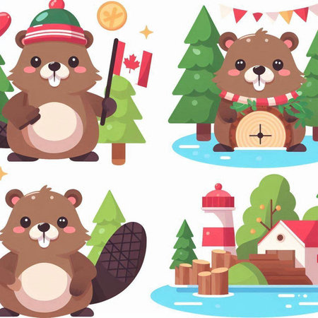 Set of cute cartoon beavers in the forest. Vector illustration.のイラスト素材
