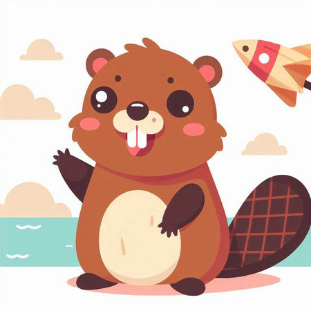 Cute cartoon beaver on the seashore. Vector illustrationのイラスト素材