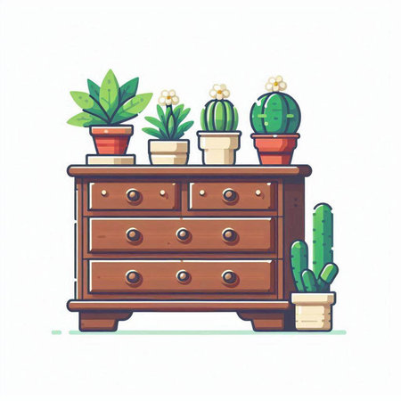 Illustration of a wooden chest of drawers with cacti.のイラスト素材