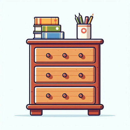 Wooden chest of drawers with books and pencils. Vector illustration.のイラスト素材