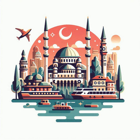 Cityscape of Istanbul, Turkey. Colorful vector illustration in flat styleのイラスト素材