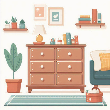 Vector illustration of a living room interior with furniture, bookshelf, coffee table, books, potted plants and accessories.のイラスト素材