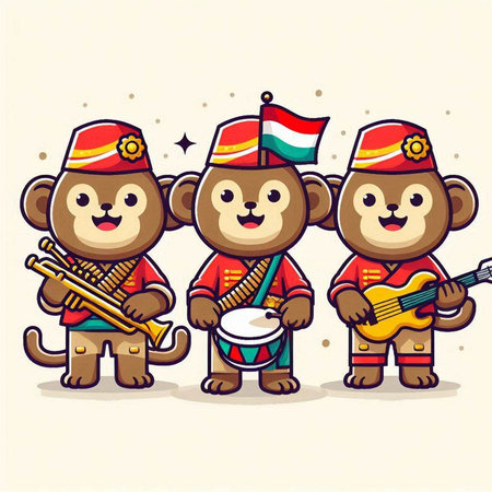 Cute monkeys in national costumes playing musical instruments. Vector illustration.のイラスト素材