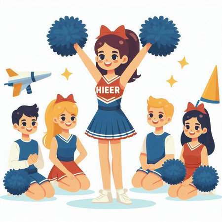 Cheerleaders with pompoms and pom poms on white backgroundのイラスト素材