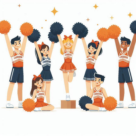 Cheerleaders with pompoms. Cheerleaders vector illustration. Cheerful cheerleaders. Cheerleaders team. Cheerleaders vector. Cheerleaders vector illustration. Cheerleaders isolated on white background. Cheerleaders teamのイラスト素材