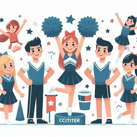 Cheerleaders in uniform with pompoms and confetti. Cheerful cheerleading team. Vector illustrationのイラスト素材