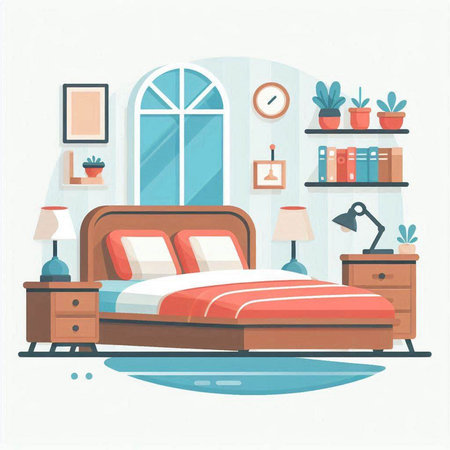 Bedroom interior design. Vector illustration in flat style. Bedroom furniture.のイラスト素材