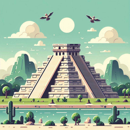 Ancient Mayan pyramid in the park. Vector illustration of a cartoon style.のイラスト素材