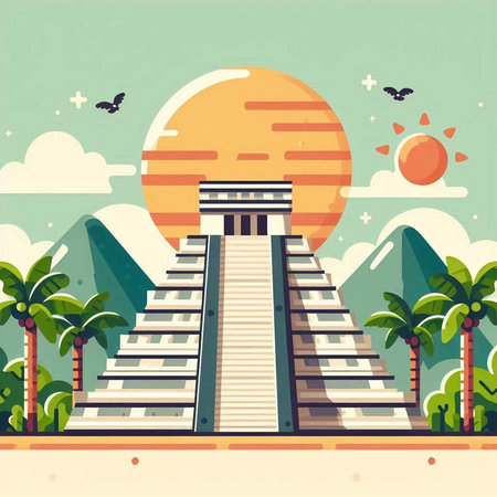 Vector illustration of a pyramid on the background of the sun and palm treesのイラスト素材