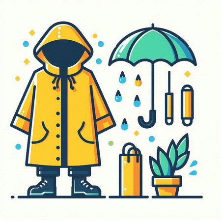Raincoat, umbrella and rain drops. Flat design vector illustration.のイラスト素材