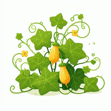 Illustration of pumpkins with leaves and flowers on a white backgroundのイラスト素材