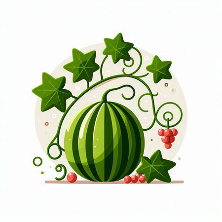 Watermelon with green leaves and berries on white background. Vector illustration.のイラスト素材