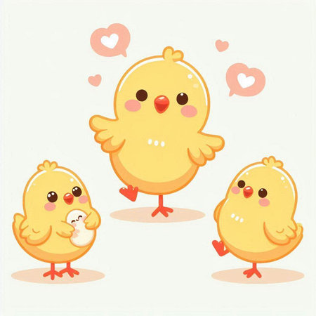 Cute little chicken family with speech bubbles. Vector cartoon illustration.のイラスト素材