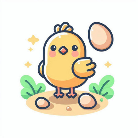 Cute little chicken with egg. Vector illustration in cartoon style.のイラスト素材