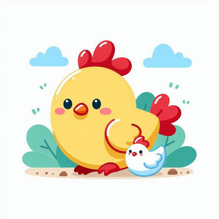 Cute chicken with a bird on the farm. Vector illustration.のイラスト素材