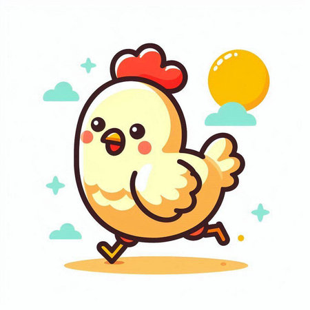 Vector illustration of cute chicken running on white background with sun and cloudsのイラスト素材
