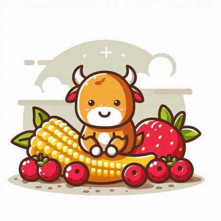 Cute cartoon cow with a corn cob and strawberries. Vector illustration.のイラスト素材