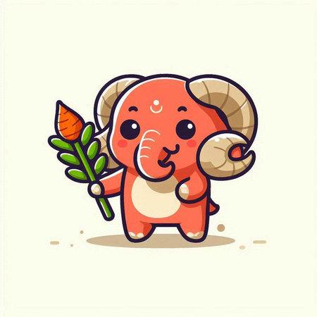Cute cartoon ram holding a leaf. Animal character vector illustration design.のイラスト素材