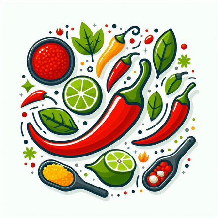 Chili pepper, lime, salt, pepper and spices. Vector illustration.のイラスト素材