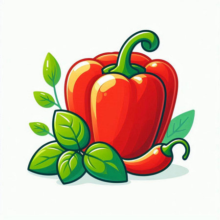 Illustration of a red pepper with leaves on a white background.のイラスト素材