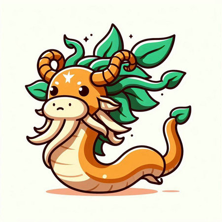 Cute cartoon dragon with leaves on white background. Vector illustration.のイラスト素材
