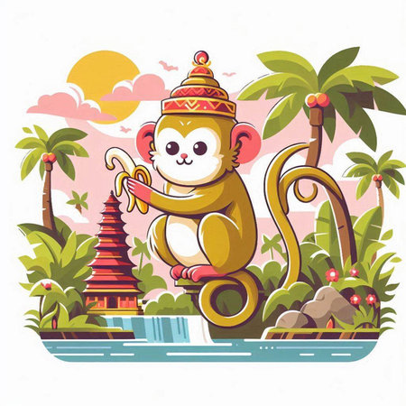 Monkey on a background of palm trees and sea. Vector illustrationのイラスト素材