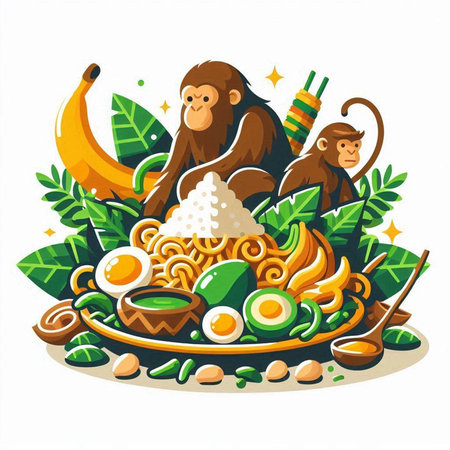 Illustration of monkey eating japanese noodle. Vector illustrationのイラスト素材