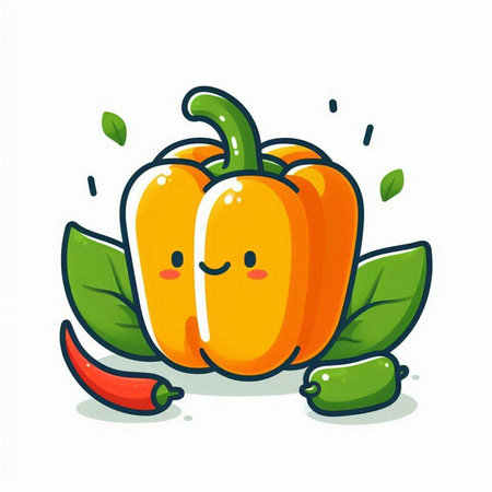 Cute cartoon pepper character with green leaves on white background. Vector illustrationのイラスト素材