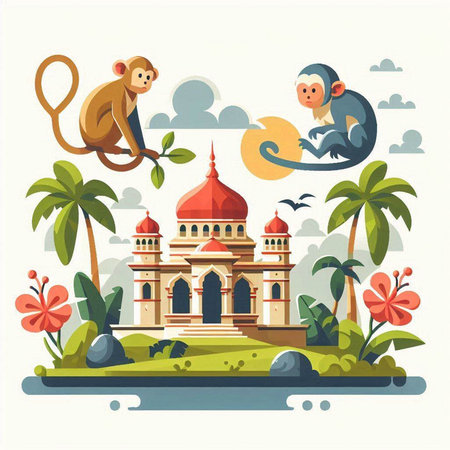 Vector illustration of monkey on the background of Indian temple. Flat style.のイラスト素材