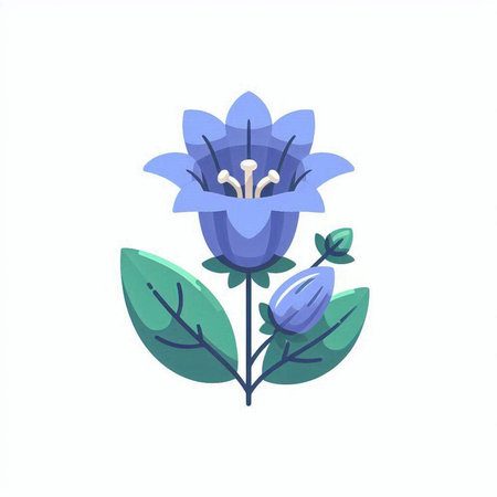 Blue flower with green leaves isolated on white background. Vector illustration.のイラスト素材
