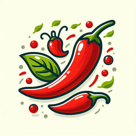 Red hot chili pepper with green leaves and berry. Vector illustration.のイラスト素材