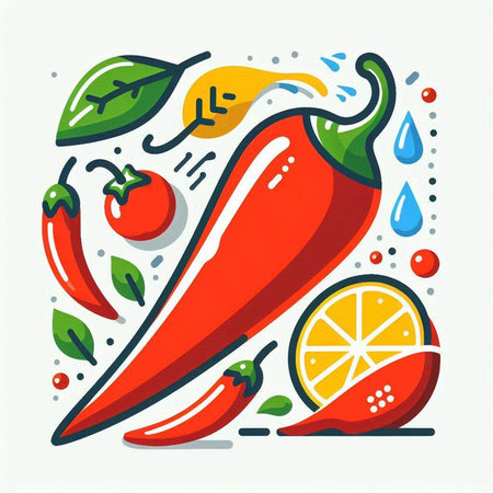 Red hot chili pepper, lemon and tomato, vector illustration in flat styleのイラスト素材