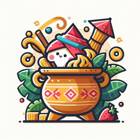 Ceramic pot with Christmas and New Year symbols. Vector illustration.のイラスト素材