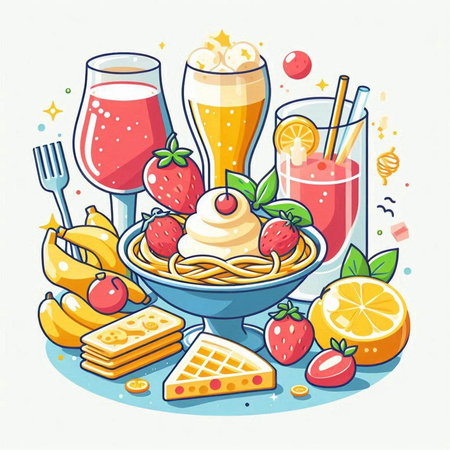 Vector illustration of a milkshake with ice cream, strawberries and bananas in a bowl.のイラスト素材