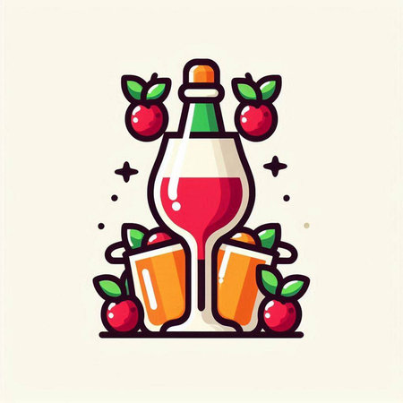 Vector illustration of a bottle of red wine, glasses and apples.のイラスト素材