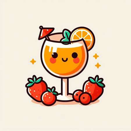Cute cartoon cocktail with strawberry, orange and lemon. Vector illustration.のイラスト素材
