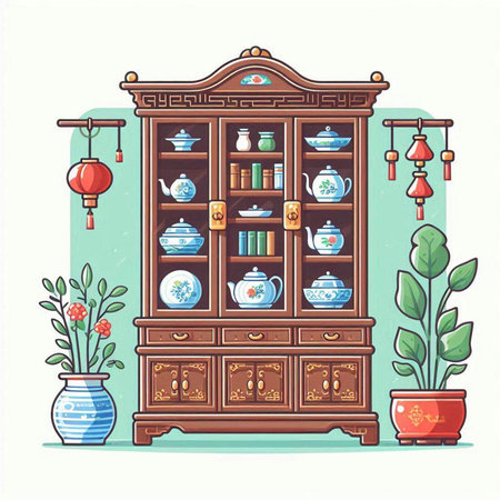 Cabinet with books and decorations. Vector illustration in cartoon style.のイラスト素材