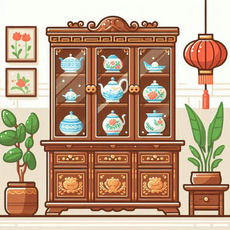Cupboard with cups and teapots in the interior. Vector illustrationのイラスト素材