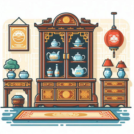 Vintage chinese tea room interior vector illustration. Chinese tea ceremony.のイラスト素材