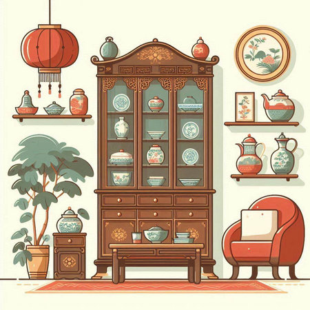 Illustration of a vintage cupboard with a table and a chairのイラスト素材