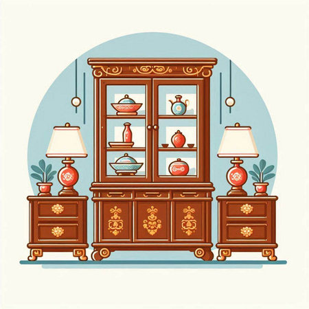 Illustration of an antique cupboard with a set of furniture.のイラスト素材