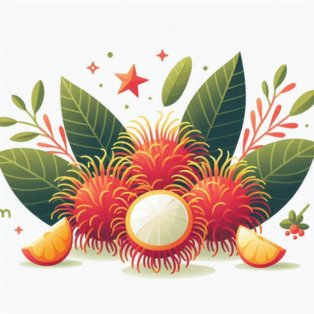 Rambutan fruit vector illustration on white background with leaves and starsのイラスト素材