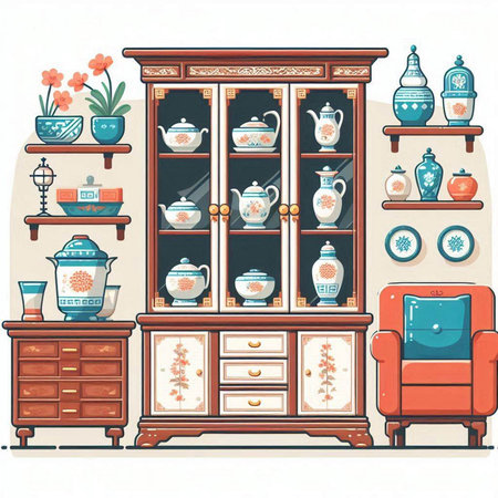 Vintage cupboard with furniture. Vector illustration in retro style.のイラスト素材