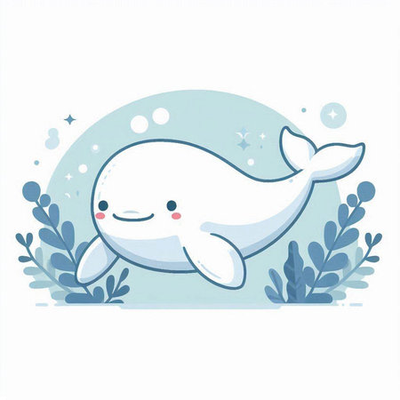 Cute cartoon white whale with seaweed. Vector illustration on white background.のイラスト素材