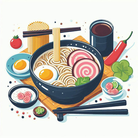 Illustration of japanese udon noodles with vegetables and chopsticksのイラスト素材