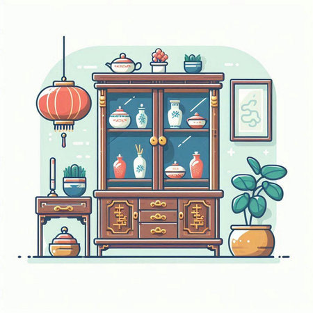 Cupboard with cups, vases and pots. Vector illustration.のイラスト素材