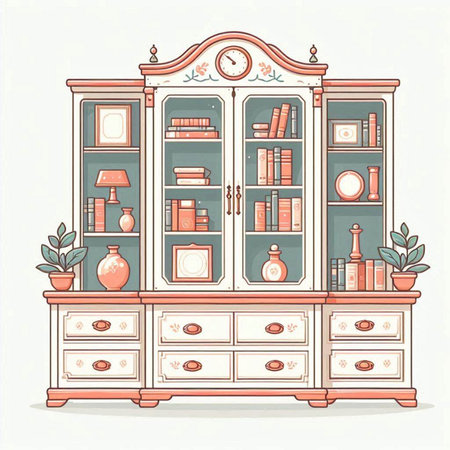 Vintage cabinet with books and decorations. Hand drawn vector illustration.のイラスト素材