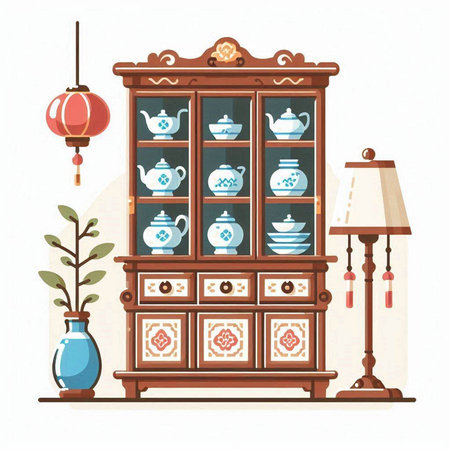 Vintage cupboard with cups and teapot. Vector illustration.のイラスト素材